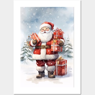 Happy Santa Claus Father Christmas with Gifts Posters and Art